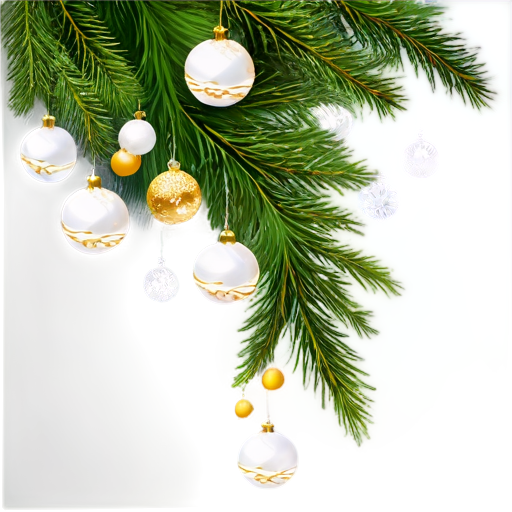 very long fluffy Christmas tree branch decorated with white and gold Christmas tree balls - icon | sticker