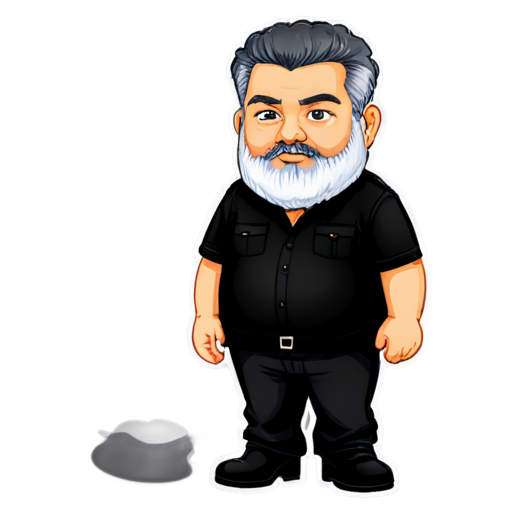 fat bearded man with BLACK hair and gray almost white beard and moustache, dressed in black tactic wear, with nothing in his hands, and wearing black boots, big open eyes - icon | sticker