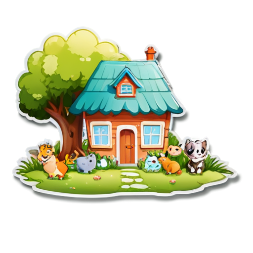 There is a house on the grass and there are animals around. - icon | sticker