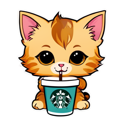 cartoon kitten drinks Starbucks - icon | sticker