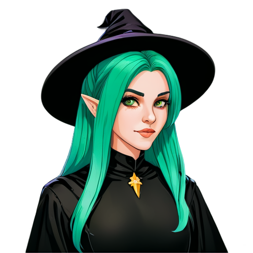 Young witch with green hair, mascot, regular ears, dark fantasy style - icon | sticker