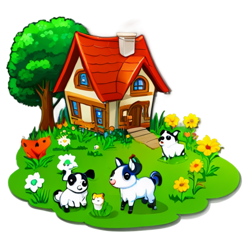 There is a house on the grass and there are animals around. - icon | sticker