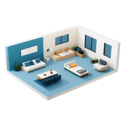 floor plan showing apartment with 5 rooms, a balcony with a swinging hammock, a living room with people chatting on the sofa, an office with a person working, a bedroom with a person lying in bed, a kitchen with a person cooking - icon | sticker