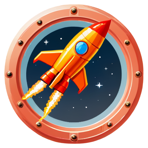 a small red space rocket with orange wings and one large round porthole in it 8 bit style - icon | sticker