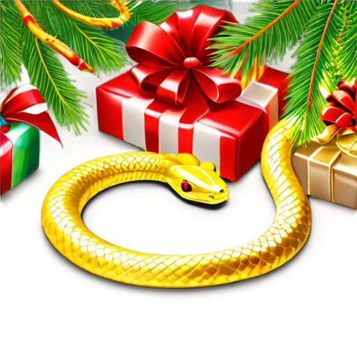 against the background of a New Year tree with gifts is a beautiful golden snake - icon | sticker