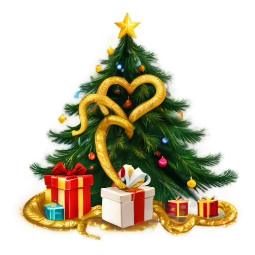 against the background of a New Year tree with gifts, a beautiful golden snake in the shape of a heart - icon | sticker