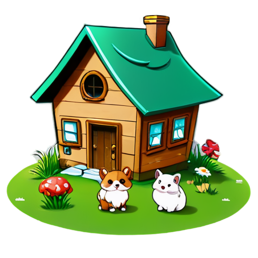 There is a house on the grass and there are animals around. - icon | sticker