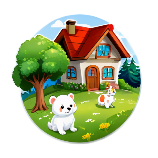 There is a house on the grass and there are animals around. - icon | sticker