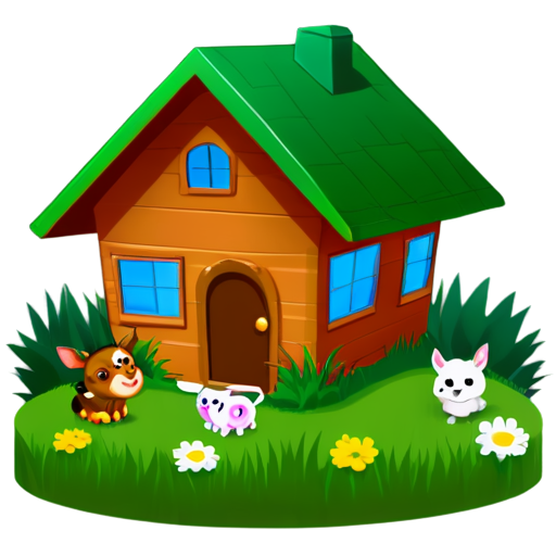 There is a house on the grass and there are animals around. - icon | sticker