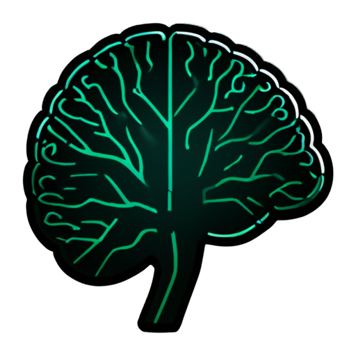 Request for an AI knowledge base application visual asset - an icon featuring a detailed side view of an intelligent brain. This will serve as both the application launch icon and chat avatar for an advanced AI technology enterprise. The background should use the deep green color of boreal coniferous forests. The design should incorporate circuit nodes connected to the brain through moderately weighted circuit lines with flowing effects. The style should be minimalist with organic flowing curves, incorporating data streams, light effects, and particle elements. - icon | sticker