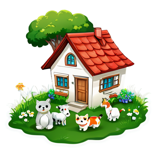 There is a house on the grass and there are animals around. - icon | sticker