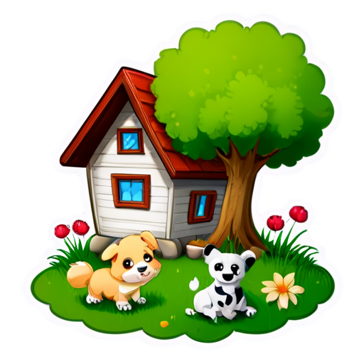 There is a house on the grass and there are animals around. - icon | sticker