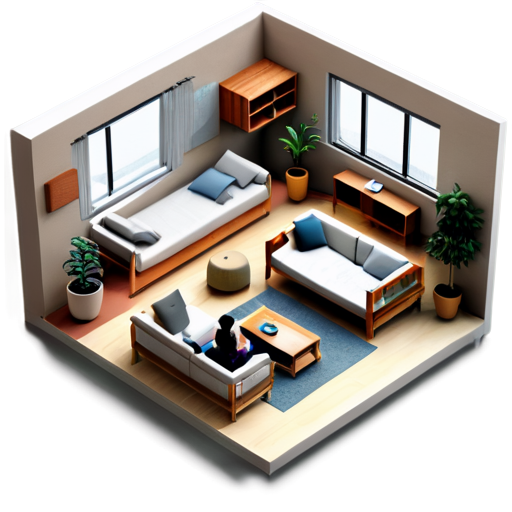 floor plan divided into sectors, one with a table and a person working, a balcony with a person meditating on a futon, a living room with people sitting on the sofa chatting - icon | sticker