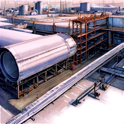 "Pencil drawing of a construction site of a factory. Without a background, as if on a transparent board. Neatly drawn pipes, sheet metal, angles, and other rolled materials are stacked in the warehouse. Equipment is driving piles, some of which are visible above the ground. In the background, the outlines of trestles ready for the installation of pipelines can be seen. In the distance, a building is sketched in the construction phase, and in one corner, a rough sketch of tank equipment installation is underway." - icon | sticker