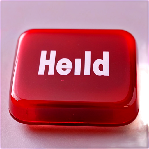 Big, square, red plastic button that is lit from behind, It reads "HOLD PLEASE!" boldly and clearly and legibly - icon | sticker