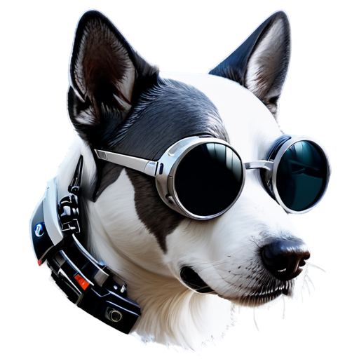 AI robot white dog head with tech-inspired glasses, cute, cartoon,cool，Cyberpunk，robotic - icon | sticker