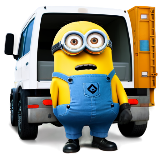 from the Despicable Me Minion comedy - draw a Minion with a white helmet cap - in a maintenance truck - icon | sticker