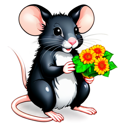 Shiny curly mouse with a meal and flowers - icon | sticker