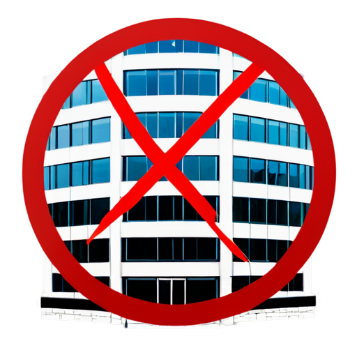 OFFICE BUILDING with a crossed out RED CIRCLE, refusal - icon | sticker