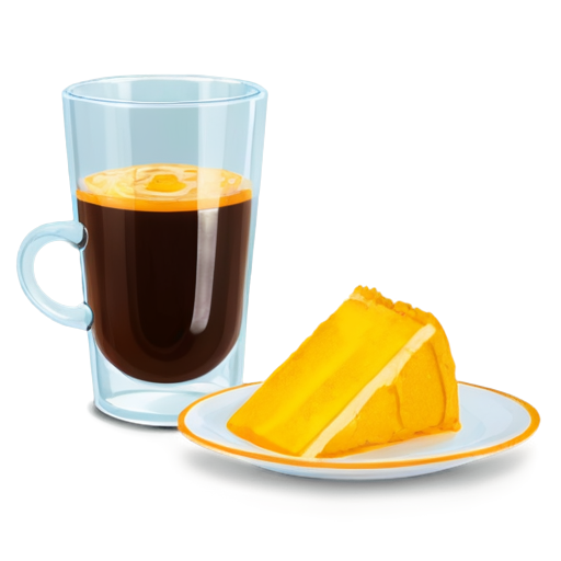 cake on a plate and coffee in a glass next to the plate in yellow-orange colors - icon | sticker