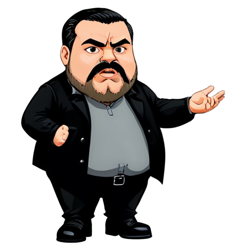 fat bearded man with BLACK darkhair and gray almost white beard and moustache, dressed in black tactic wear, with nothing in his hands, and wearing black boots, big open eyes and angry exression - icon | sticker