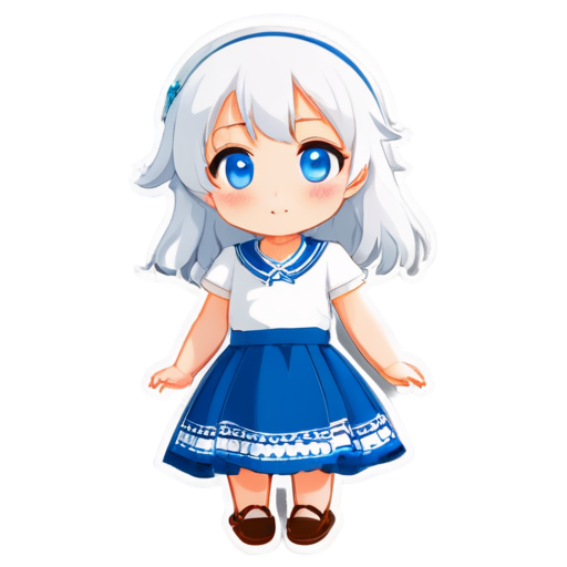 blue eyes, white hair, super deformed, chibi girl, kawaii, illustration, skirt, summer, pure white dress, himawari, holy, pixel - icon | sticker