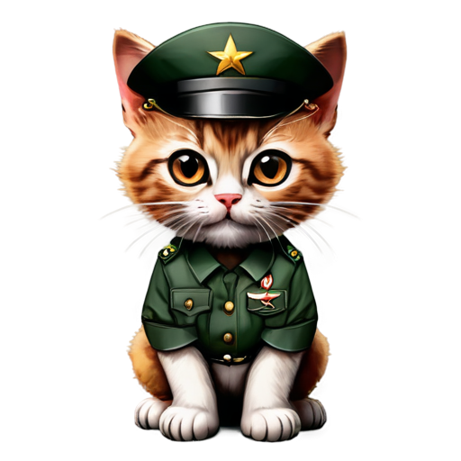 Angry kitten with brown eyes arms crossed in army generals uniform and hat with generals star cartoon - icon | sticker