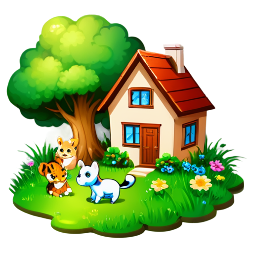 There is a house on the grass and there are animals around. - icon | sticker