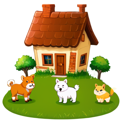 There is a house on the grass and there are animals around. - icon | sticker