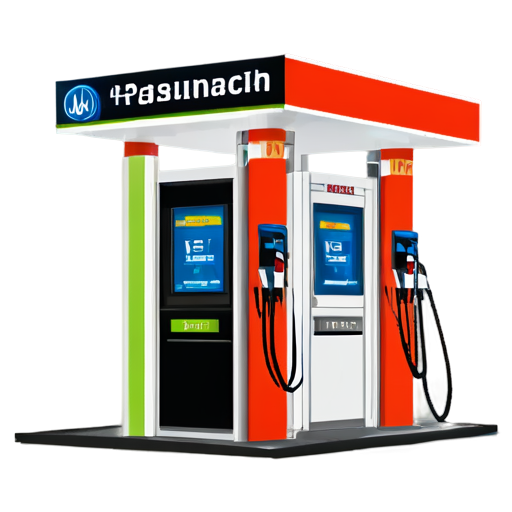 fuel station with self-service terminal with label IBTS and Maybach is filling up - icon | sticker