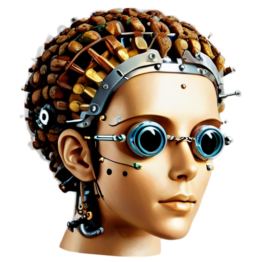 A cute steampunk style robot's head, with a top brain made of nuts - icon | sticker