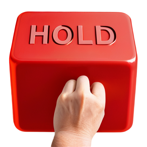 Big, square, lit from behind, red plastic button that says HOLD, PLEASE! on it spelled correctly and legible. - icon | sticker